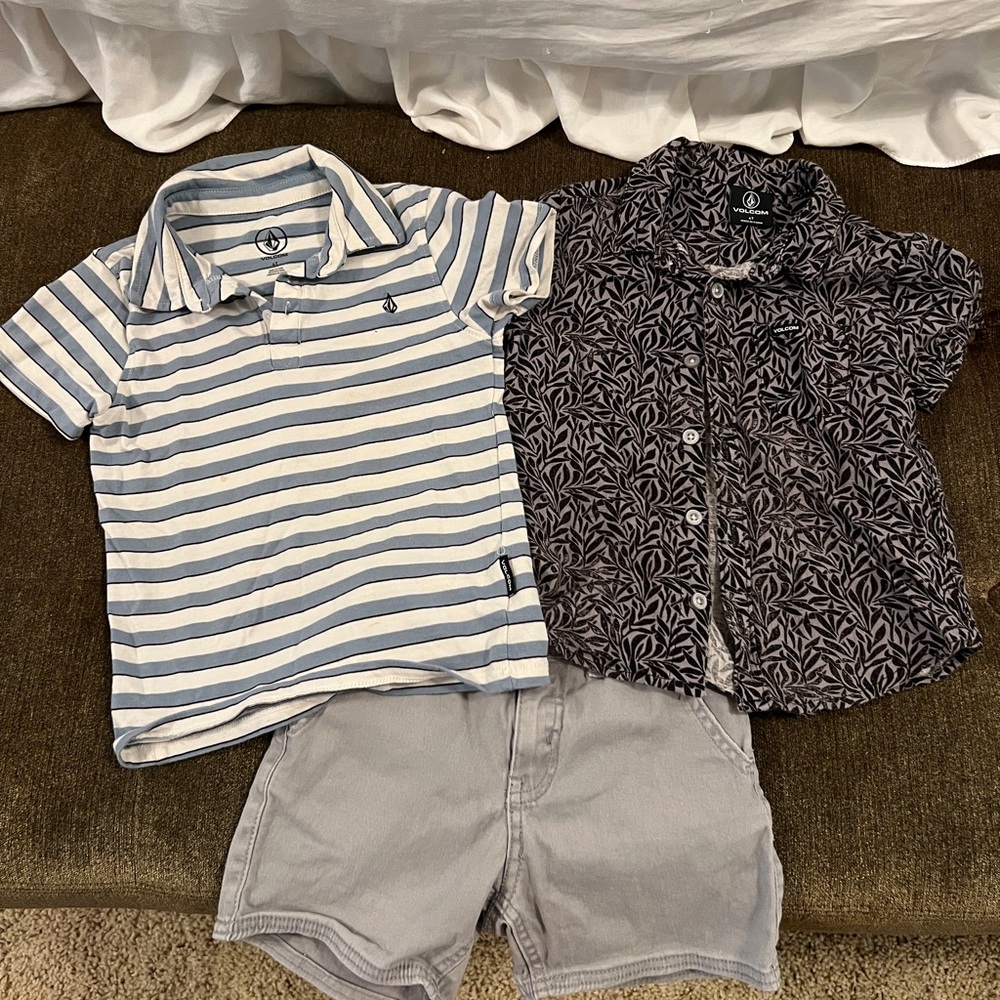 Volcom Kids Striped Polo, Button Down and Gray Shorts 4T